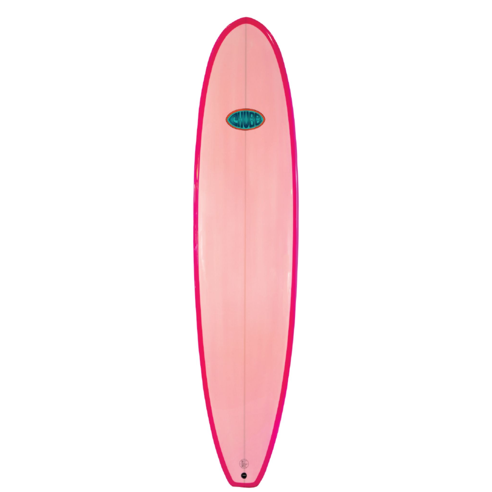 Pink surfboard with a logo on a white background
