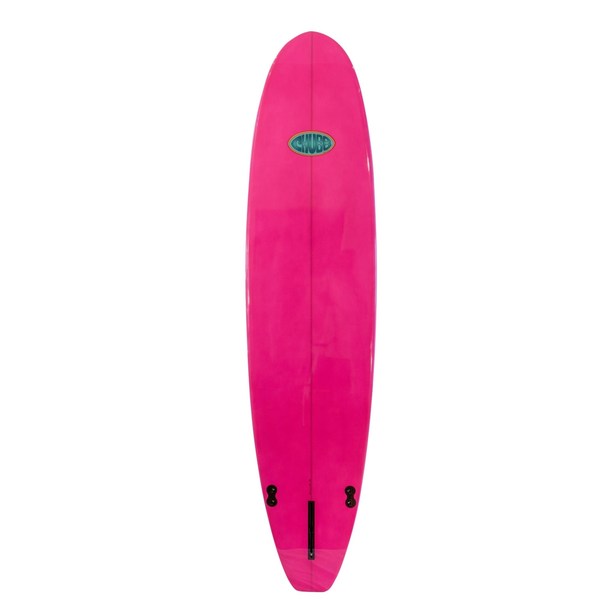 Hot pink Chubb surfboard with a logo on a white background