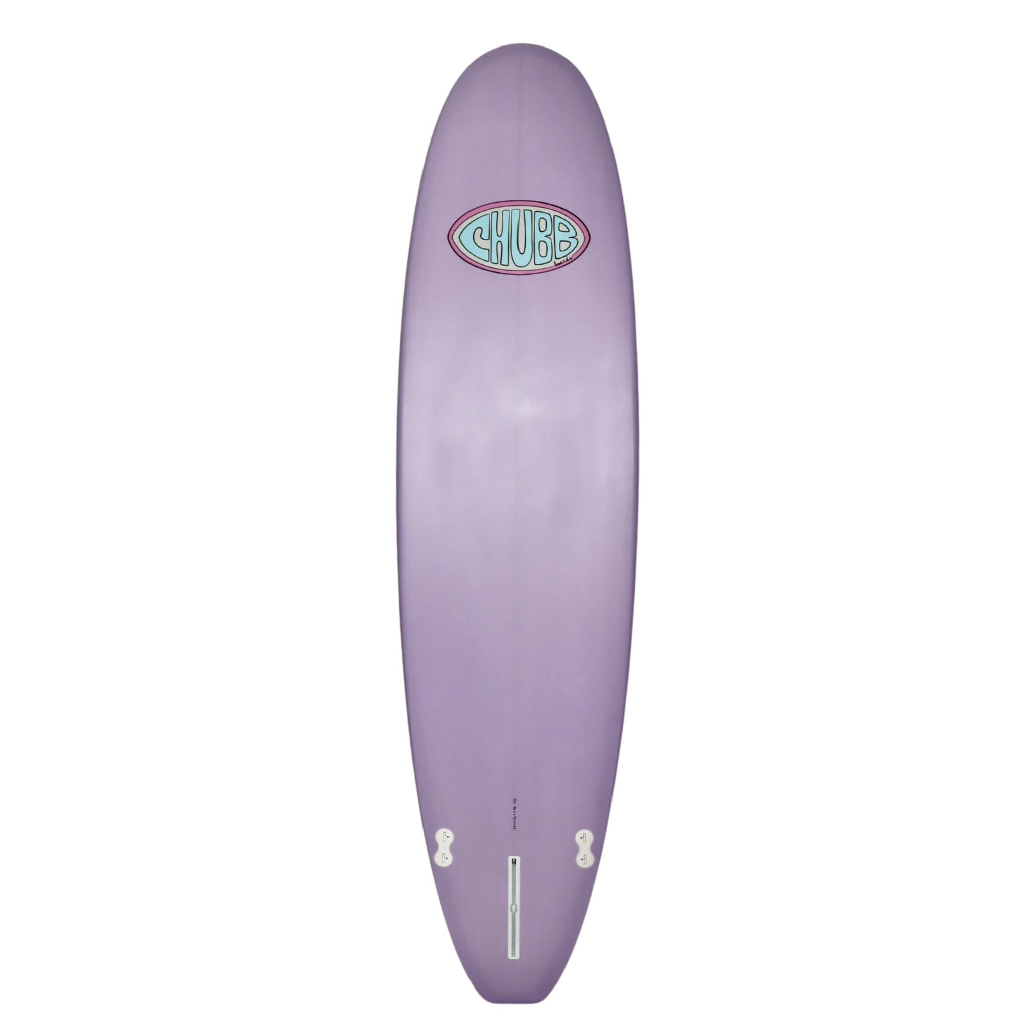 Lavender surfboard with 'Chubb' logo on a white background