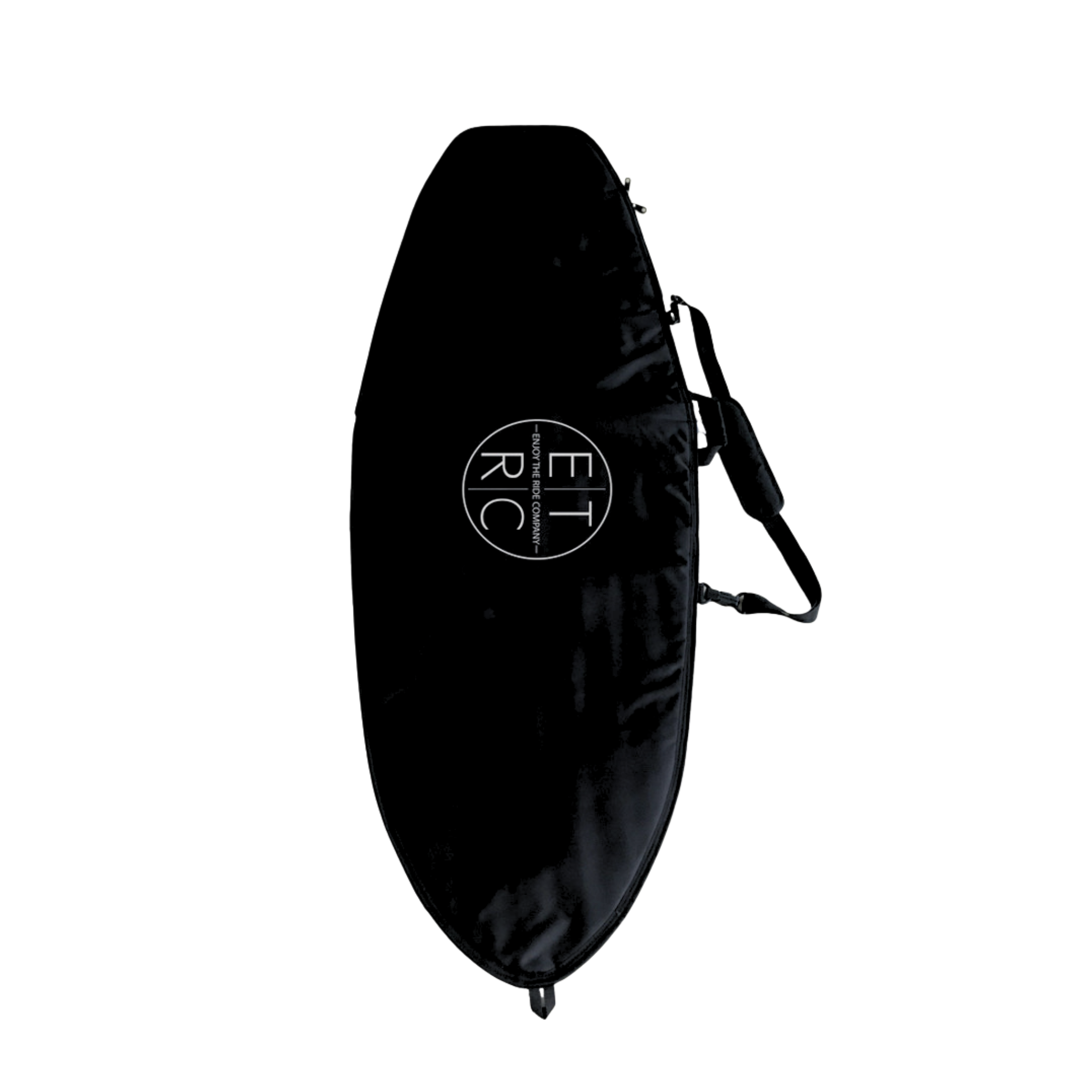 Black surfboard bag with a brand logo on a white background