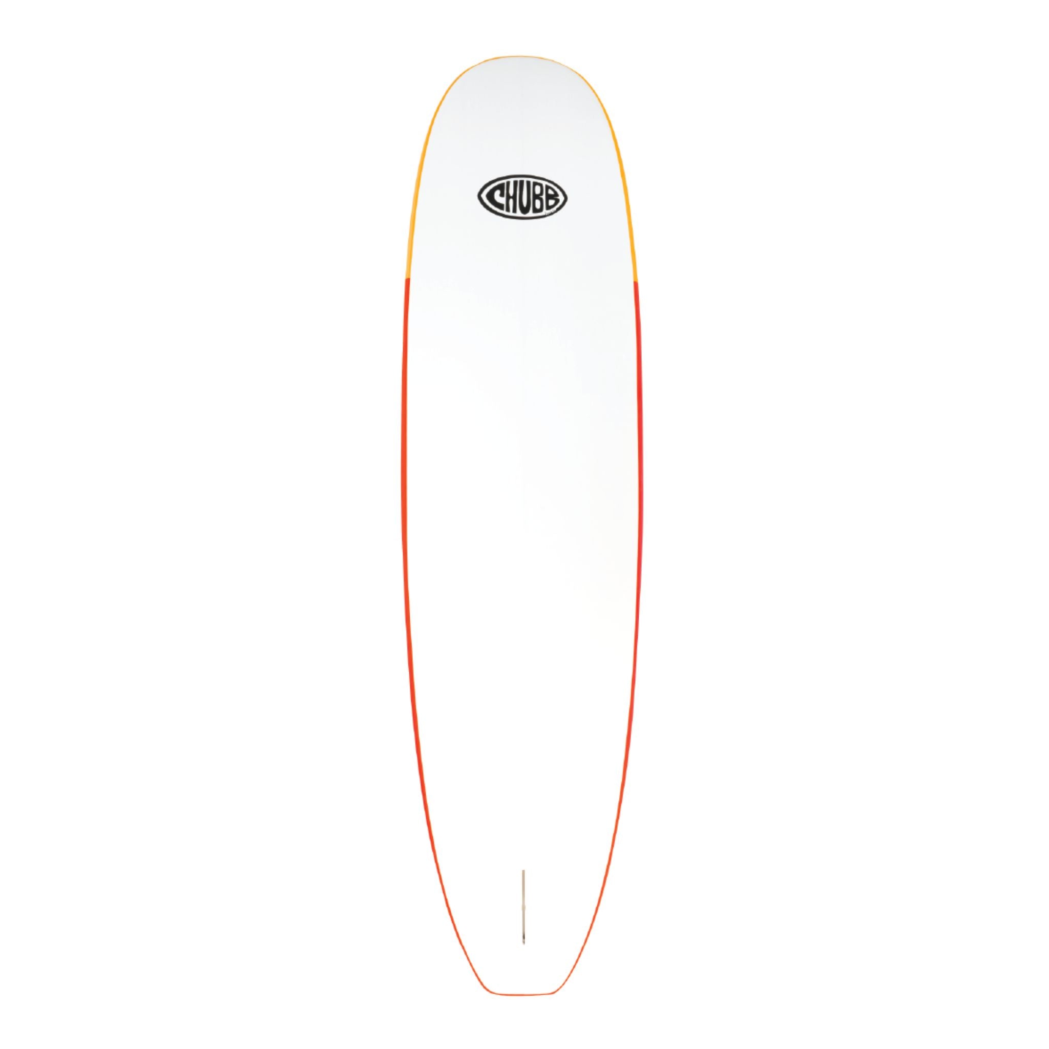 White paddleboard with orange rim and Chubb logo on a white background