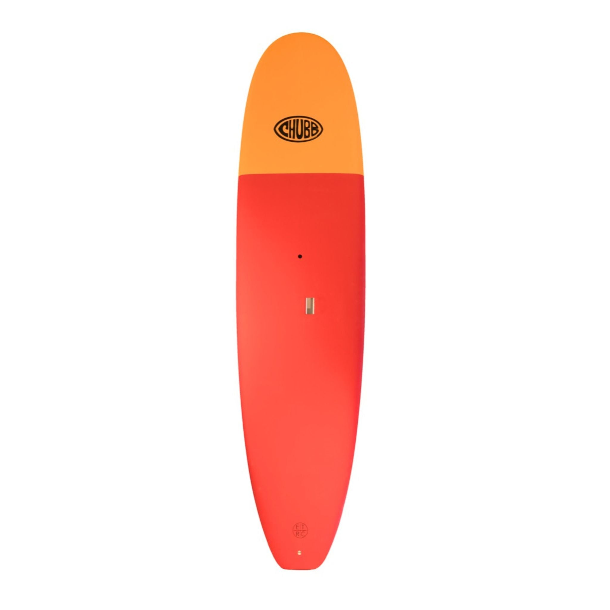 Orange and red paddleboard with a visible Chubb logo on a white background