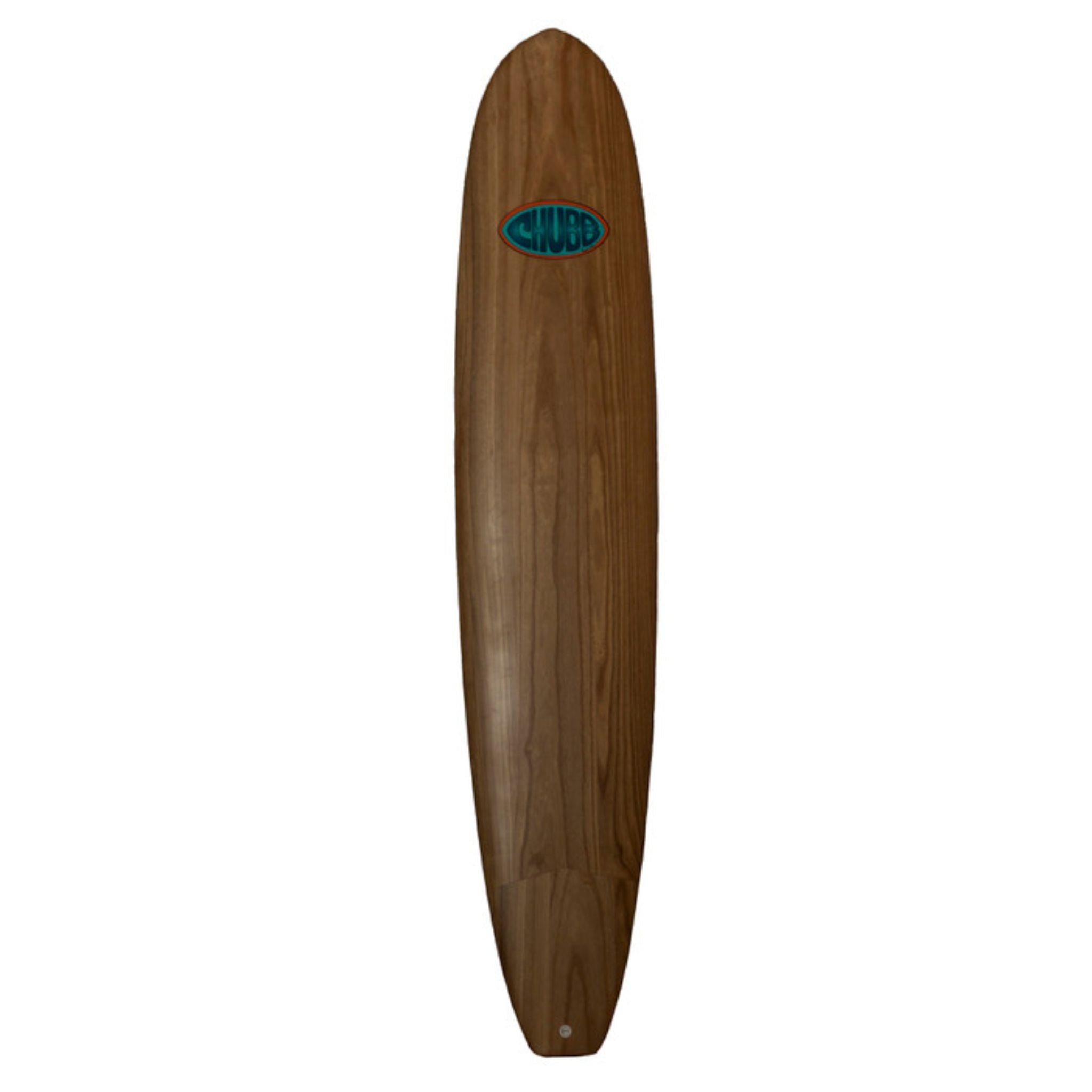 Wooden surfboard with a logo on a white background