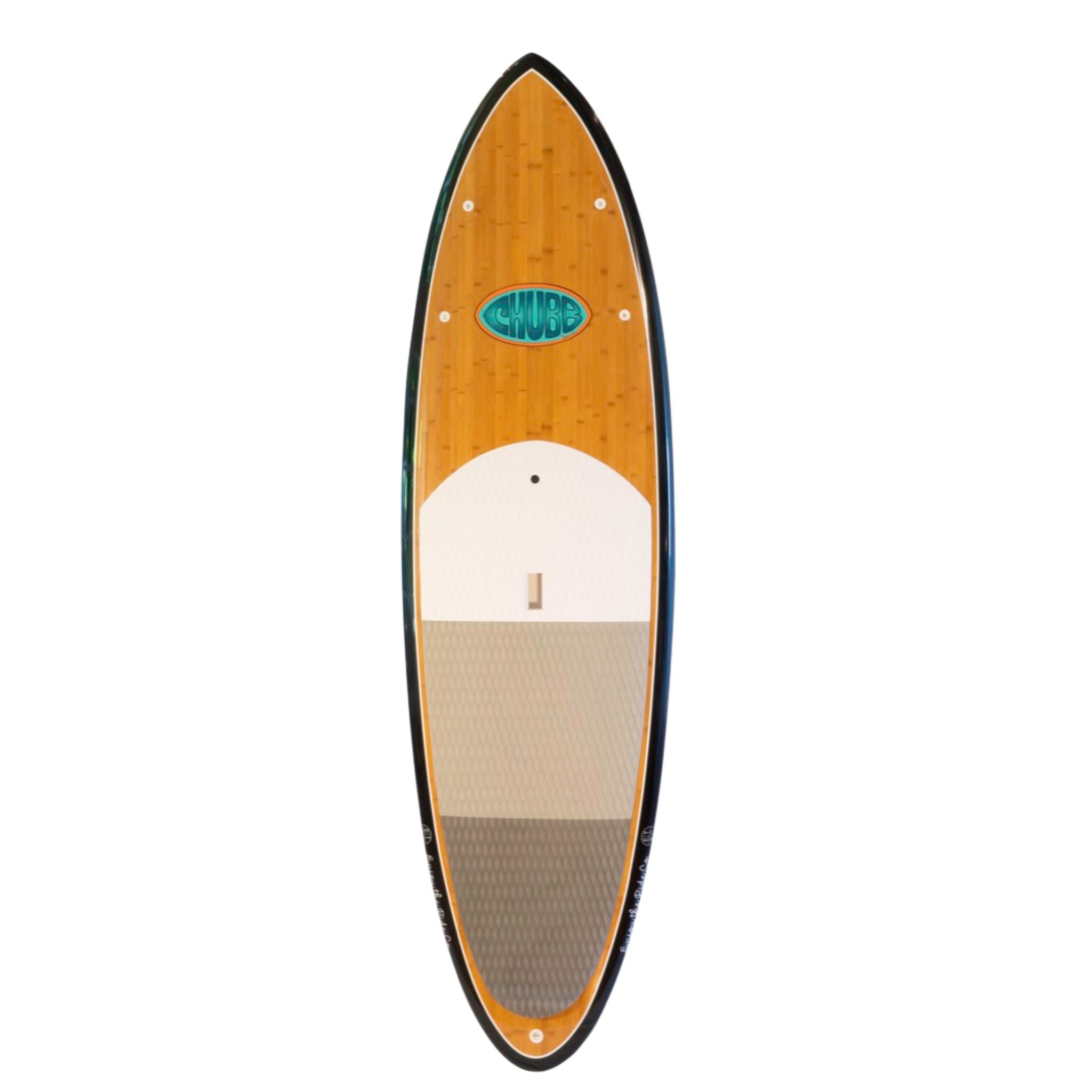 Wooden paddleboard with a white center and black rim on a white background