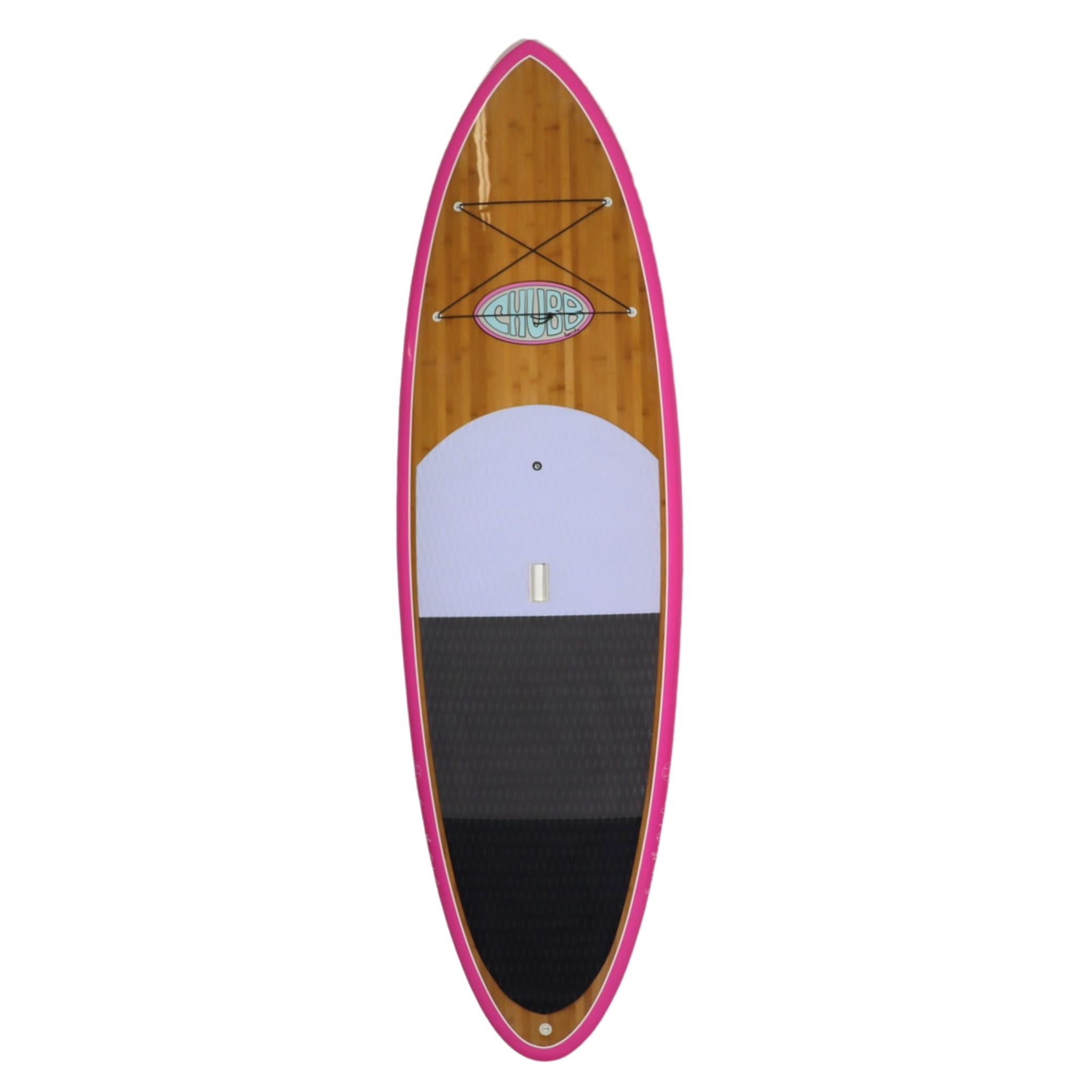 Wooden paddleboard with pink rim on a white background