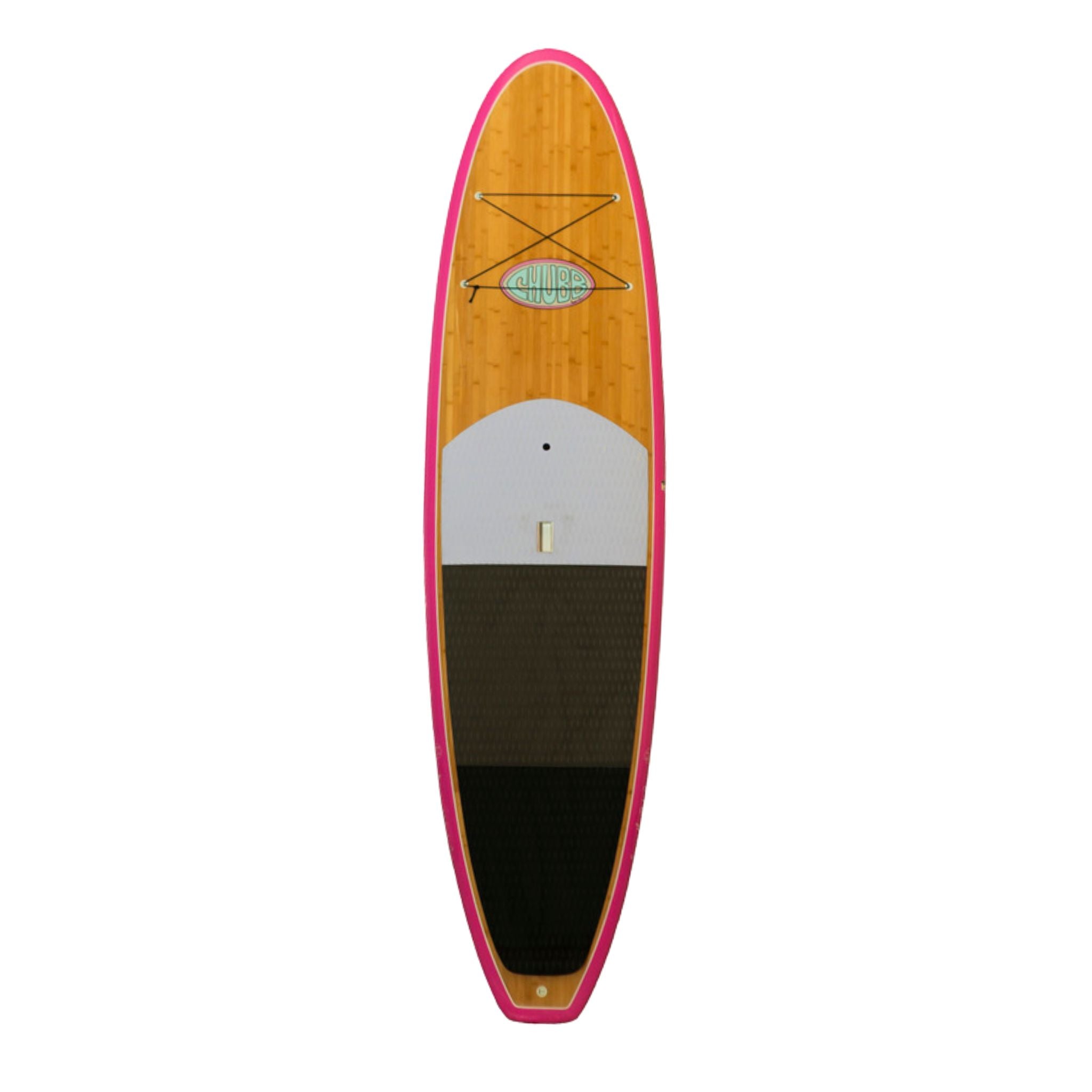 Wooden paddleboard with pink rim on a white background