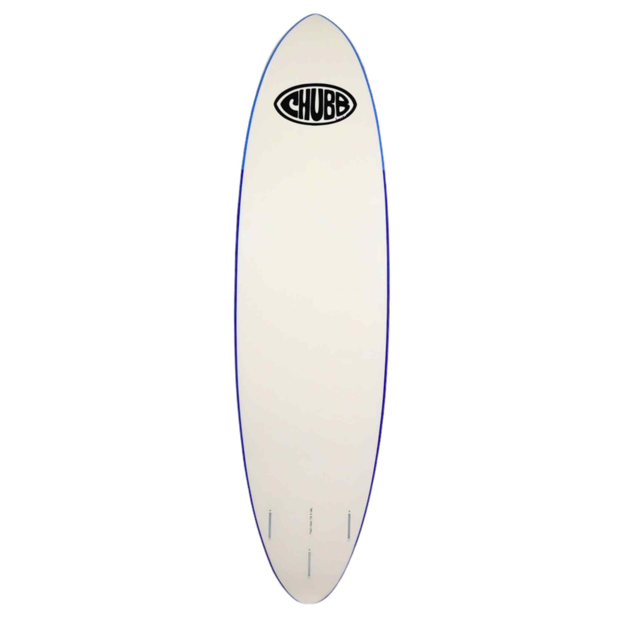 White surfboard with blue rim and Chubb logo on a white background