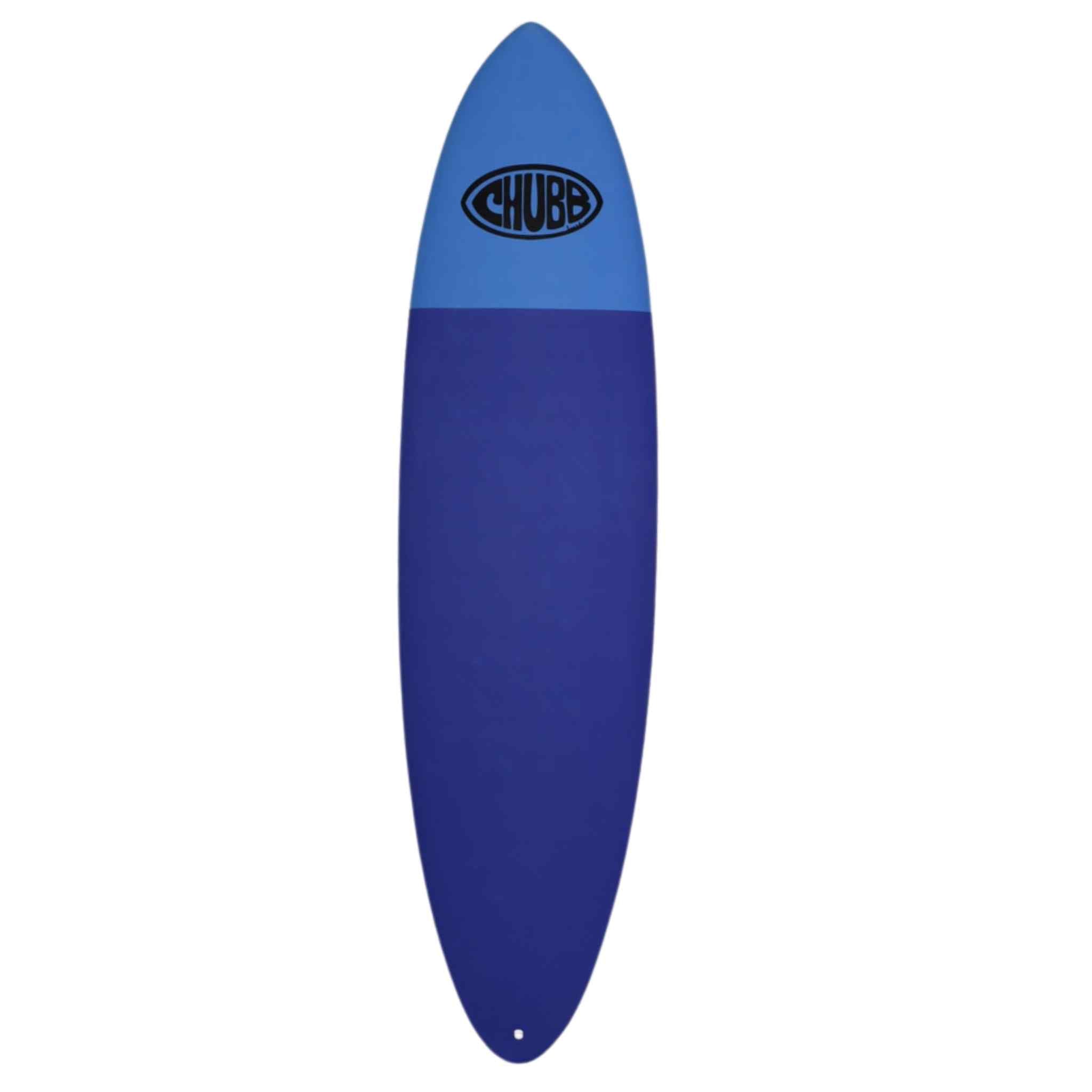 Blue surfboard with a blue top and black logo on a white background