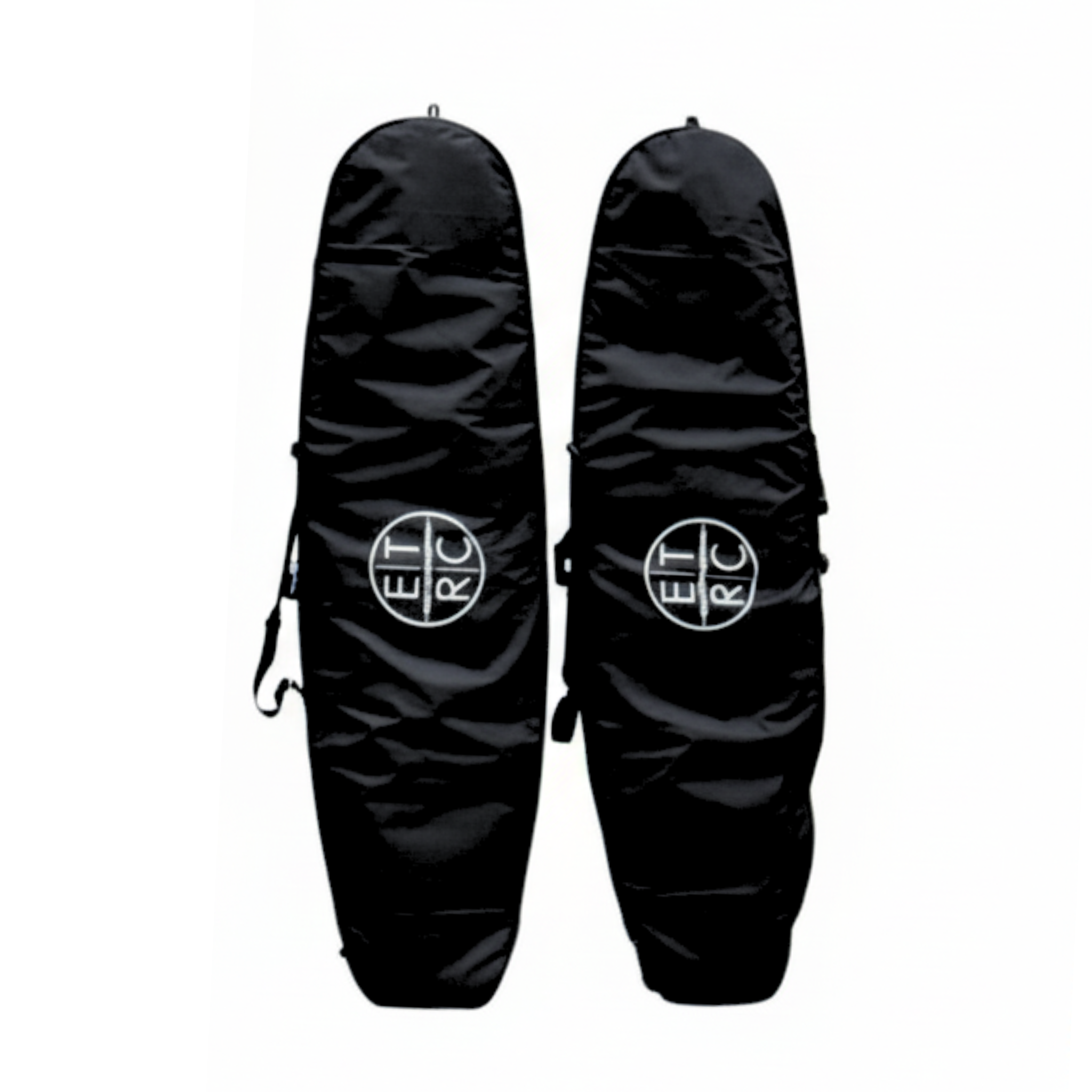 Two black surfboard bags with a logo on a white background