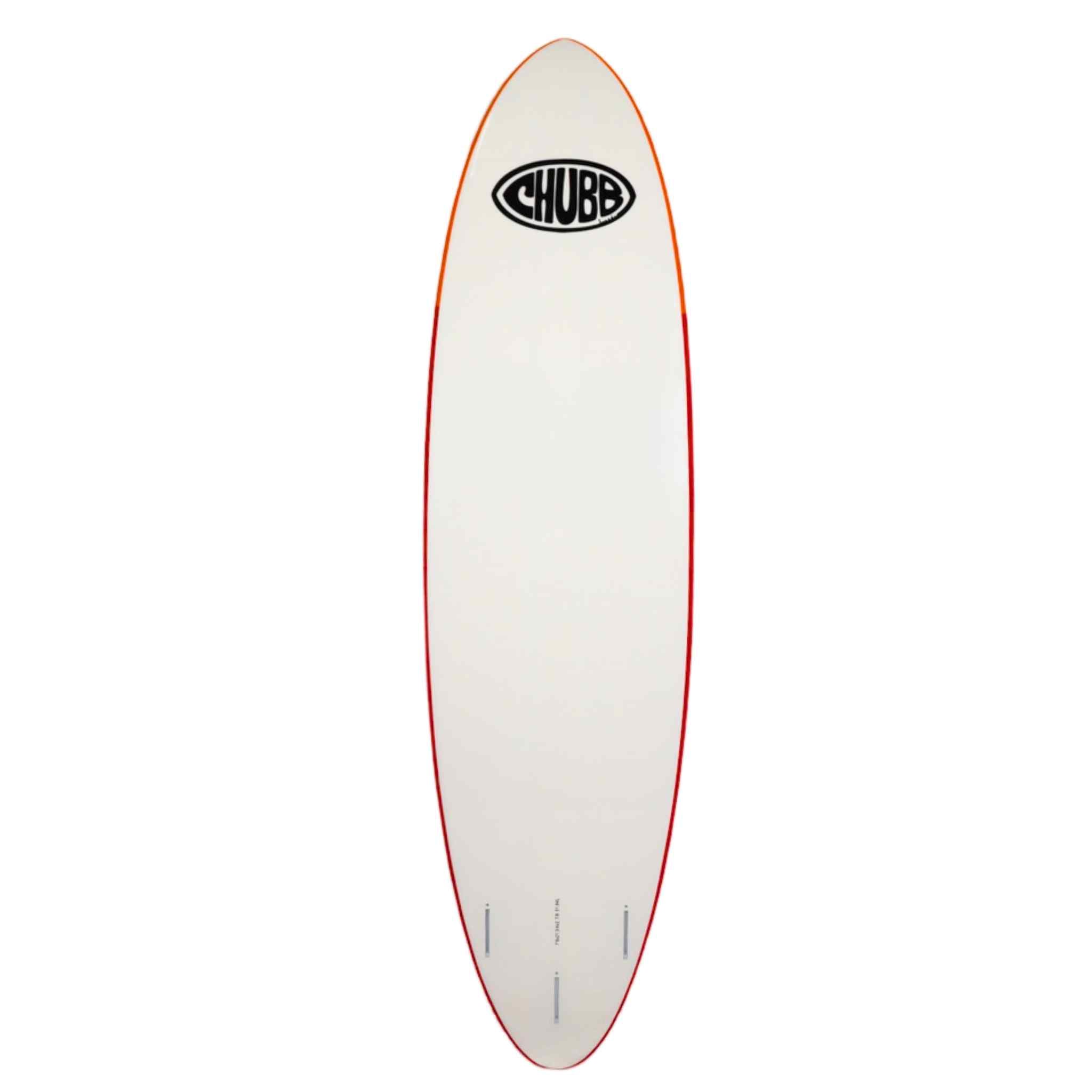 White surfboard with orange rim and Chubb logo on a white background