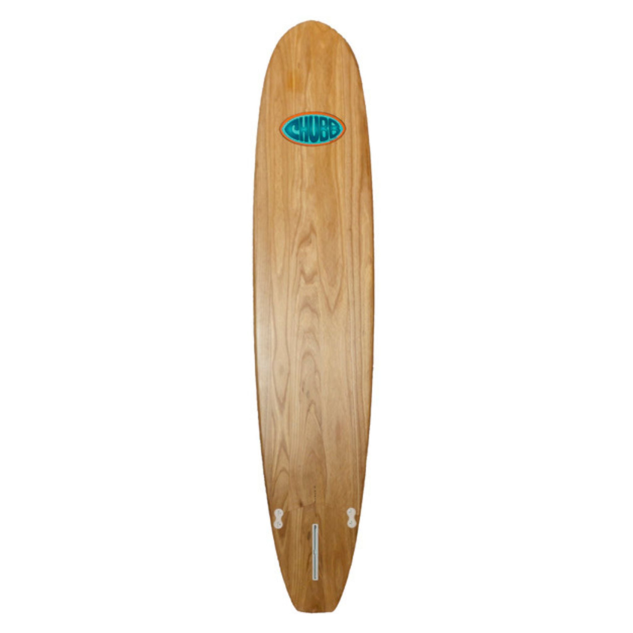 Wooden surfboard with a logo on a white background